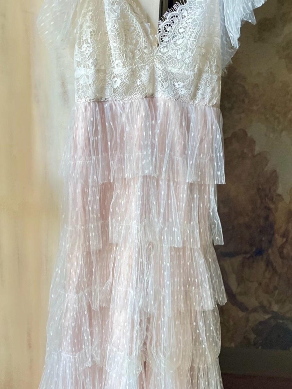 Watters Tiered Lace & Swiss Dot Wedding Dress, Custom Tulle Flutter Sleeves, 8 - Picture 2 of 15